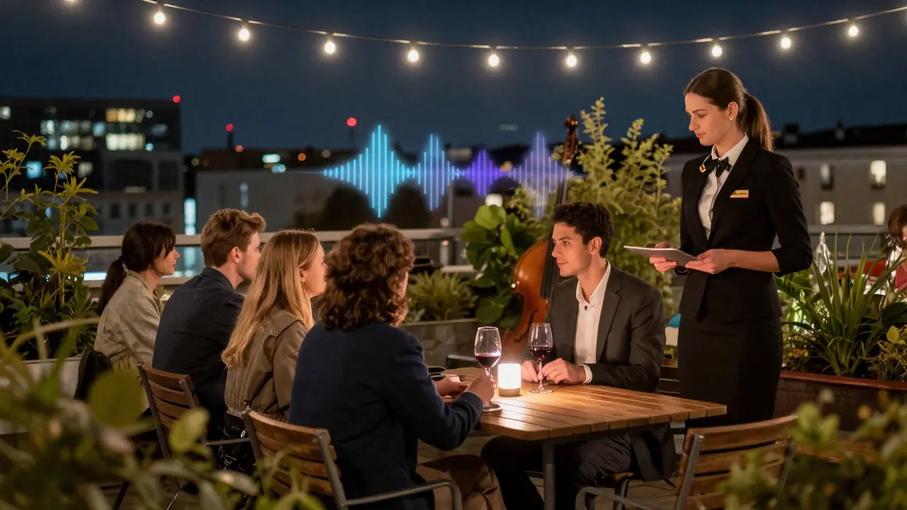 A discreet rooftop gathering in Berlin at night, with wine and soft lights, conveying quiet companionship.