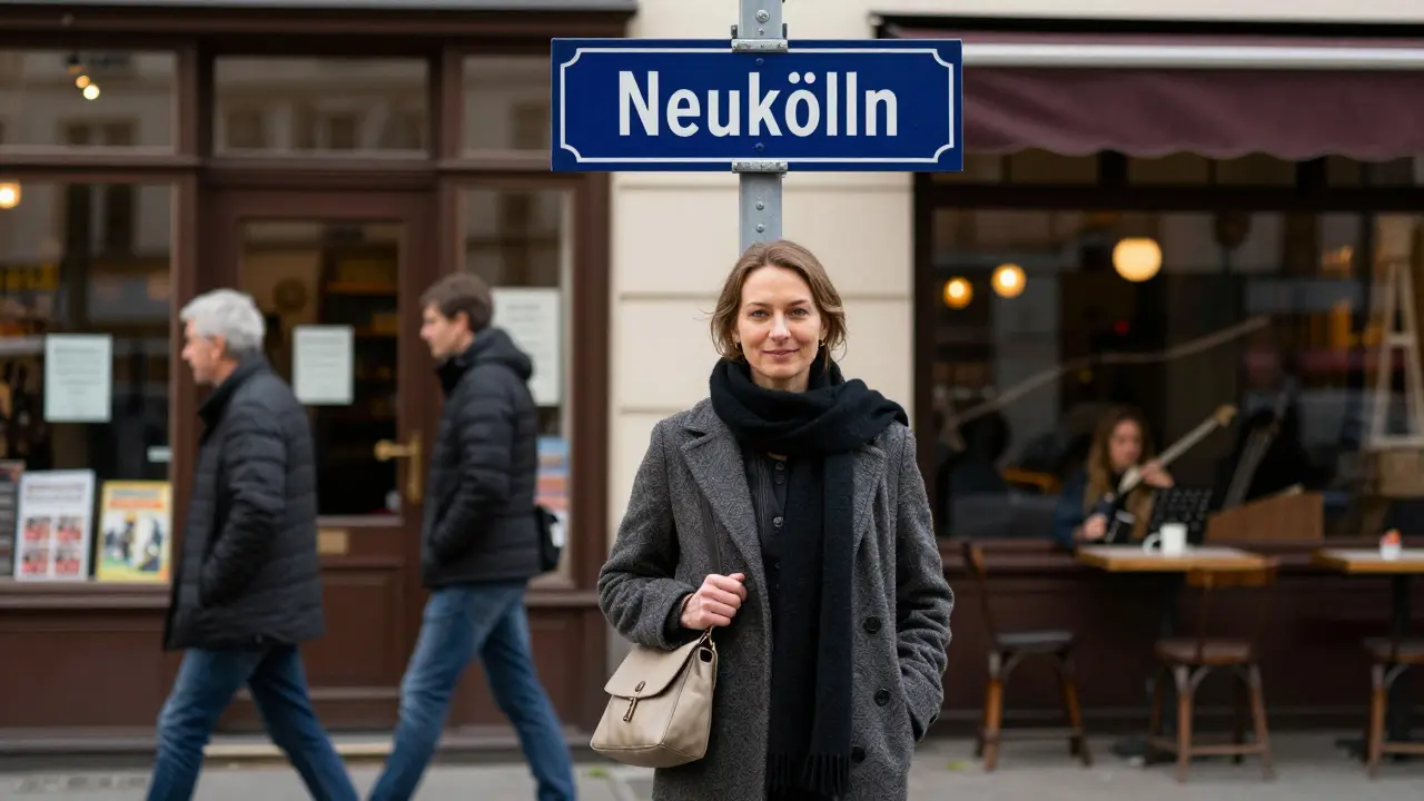 A genuine escort standing confidently in Neukölln, surrounded by authentic Berlin street life.