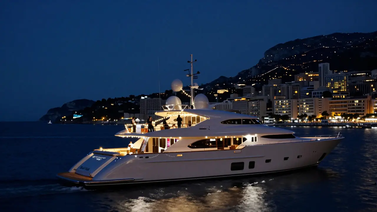A glowing luxury yacht at night off Monaco’s coast, stars and city lights reflecting on water.