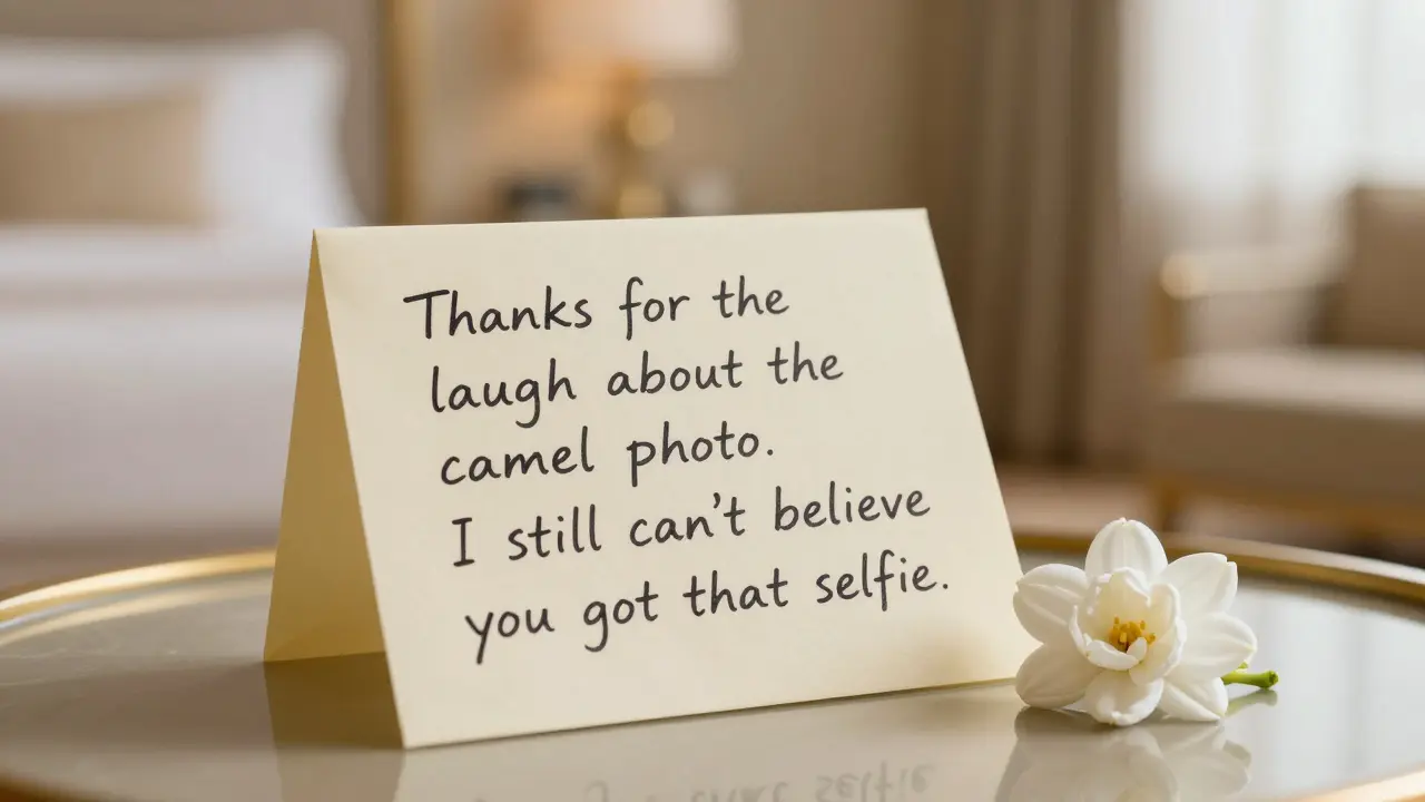 A handwritten note and jasmine flower on a hotel bedside table, symbolizing thoughtful connection.