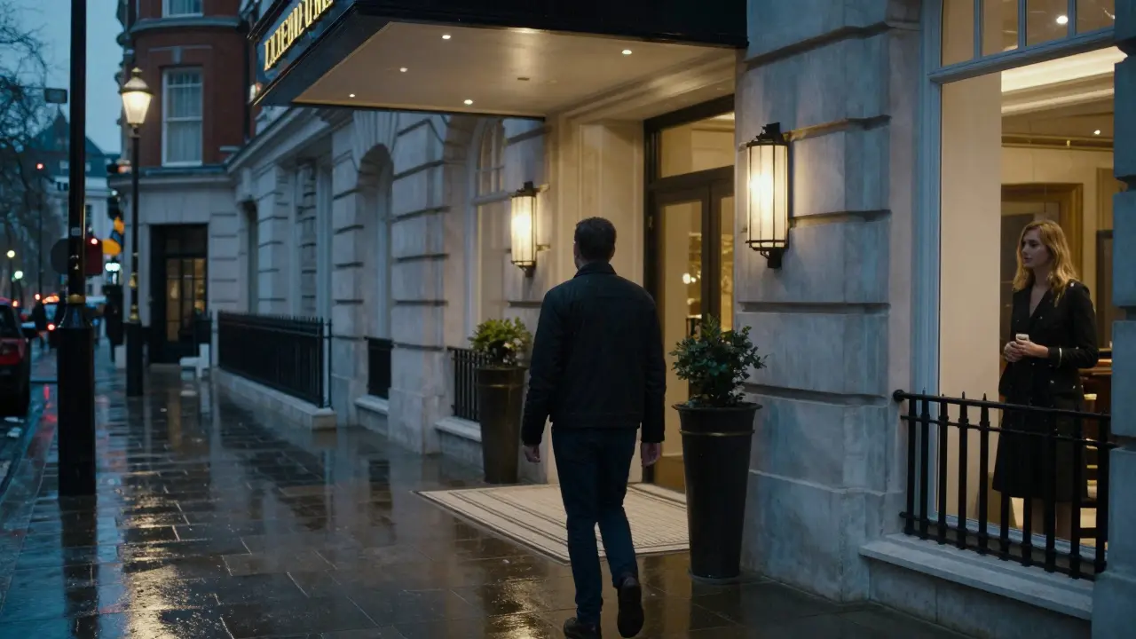 A man walking away from a hotel at dusk, nodding politely as an escort watches from inside.