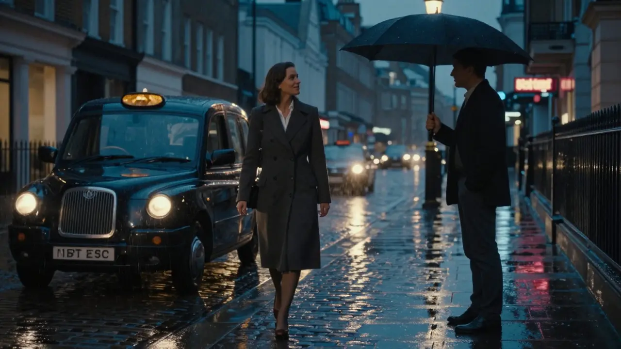 A man watches an escort leave in the rain, holding an umbrella under a streetlamp.