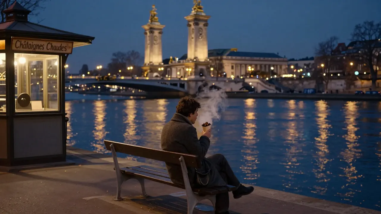A person eating warm chestnuts by the Seine at night, lanterns reflecting on the water.