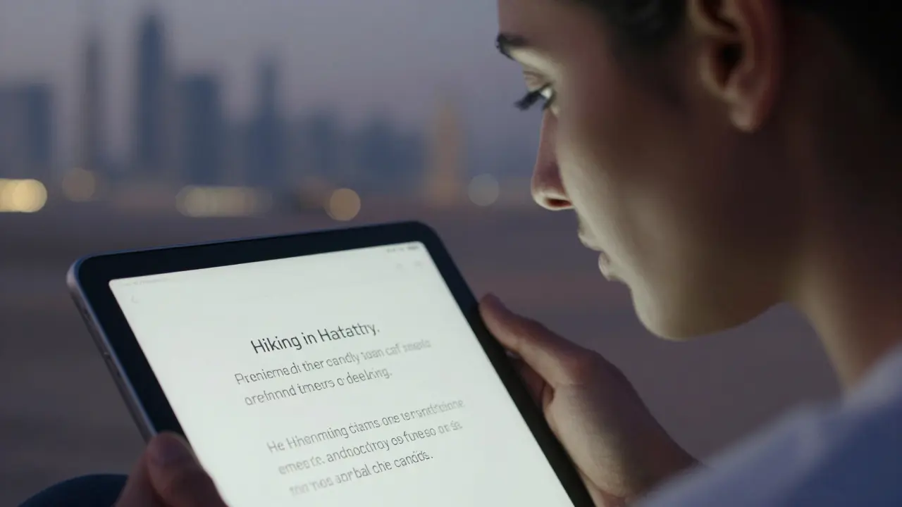 A professional escort's profile on a tablet showing personal interests and boundaries, with Dubai's skyline in the background.