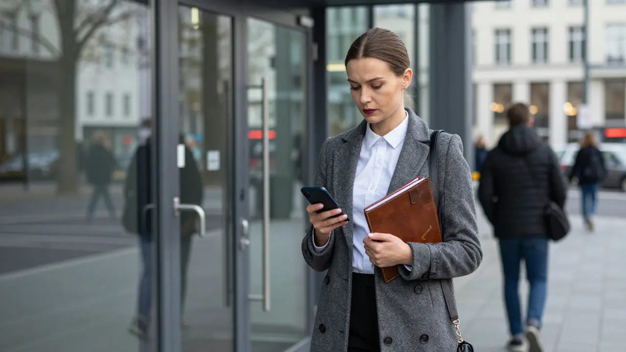A professional escort in Berlin, standing confidently outside an office building, embodying autonomy and poise.
