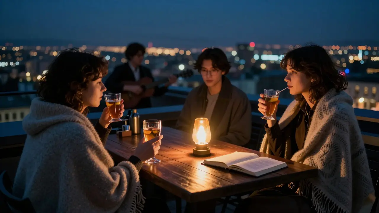 A rooftop bar at night with guests wrapped in blankets, city lights glowing behind them in peaceful stillness.