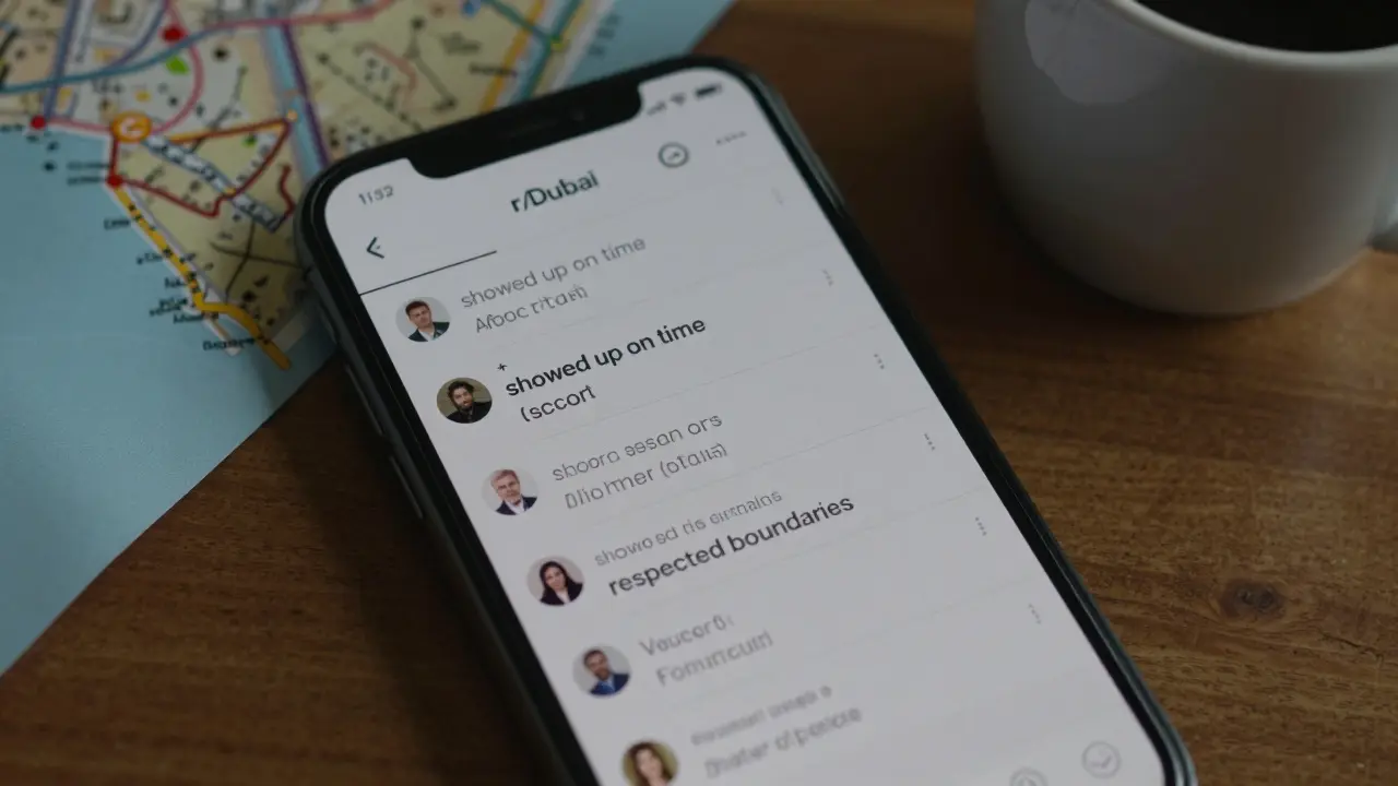 A smartphone displaying expat forum reviews about safe escort experiences in Dubai.