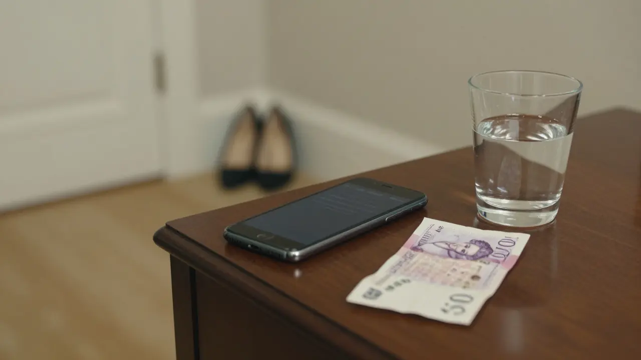 A smartphone face down on a nightstand next to cash and water, no recording devices visible.