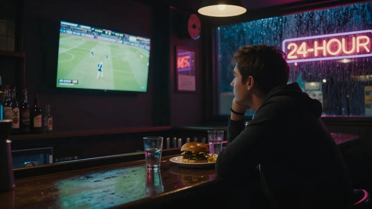 A solitary fan at a 24-hour sports bar watching highlights late at night, rain on the window, neon sign flickering.