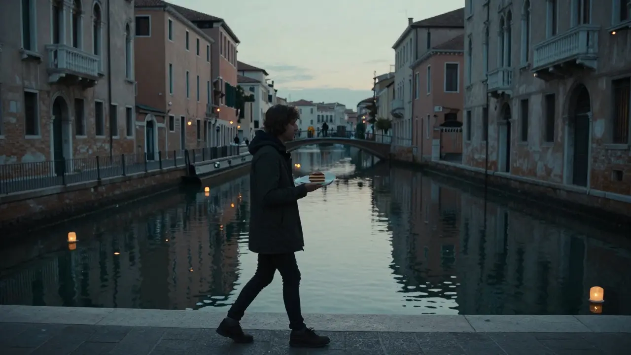 A solitary figure walks along the Navigli canal at dusk with lanterns reflecting on the water.