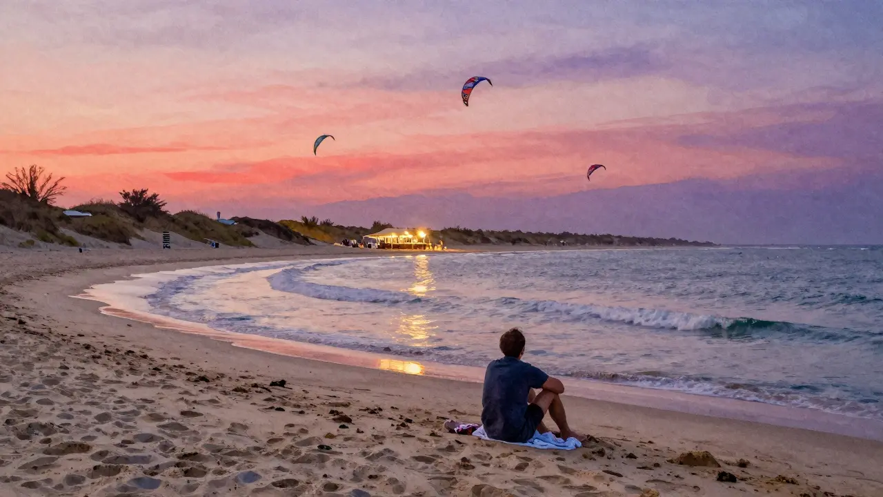 A solitary person watching the sunset at Kite Beach, calm waves and kites in the distance, sky painted in soft twilight colors.