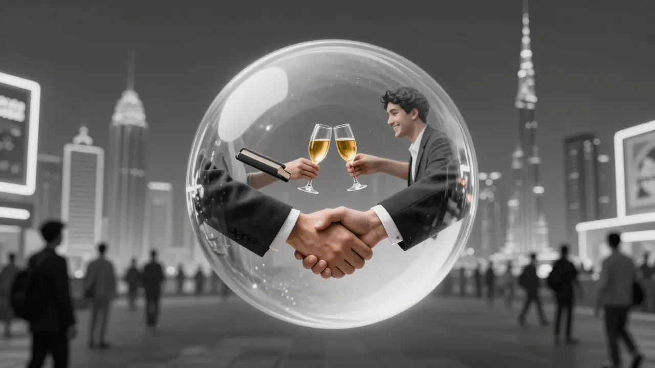 A transparent sphere above Dubai contains symbols of human connection — handshake, book, toast — against a lonely city backdrop.