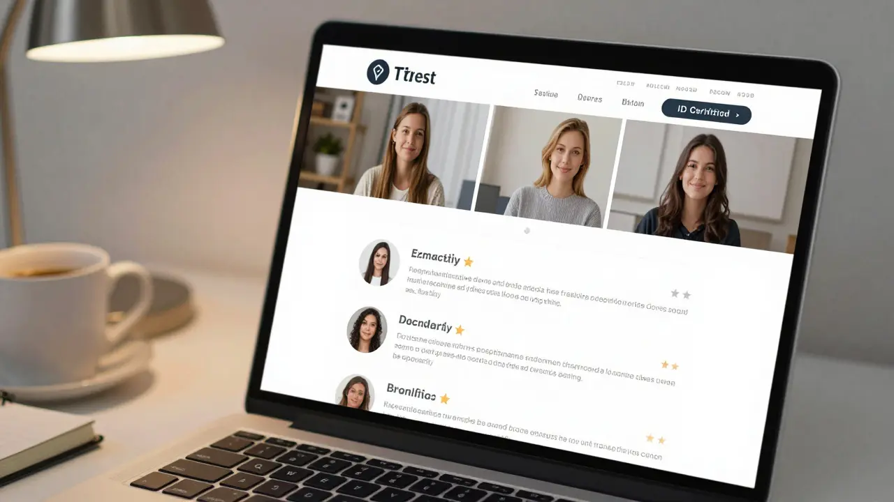 A trusted escort directory website interface showing verified profiles and client reviews on a desk with a coffee cup.