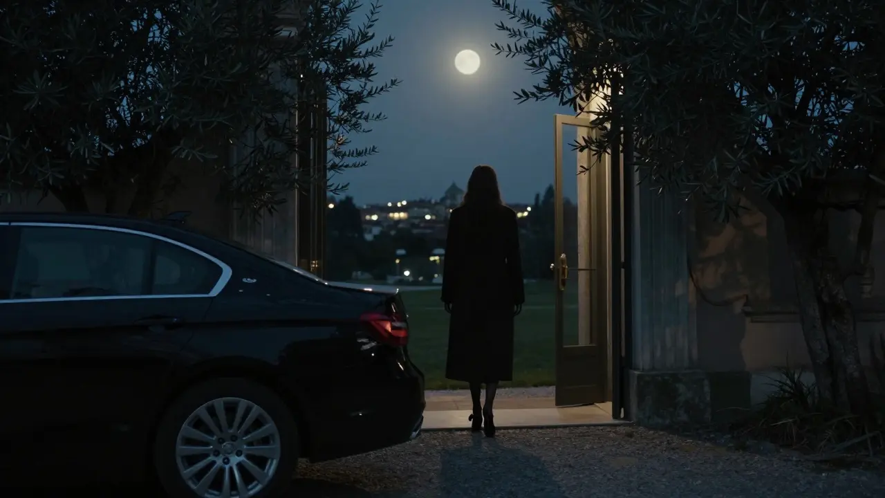 A woman approaching a private villa at night in Milan, silhouette framed by trees and city lights, no faces shown.