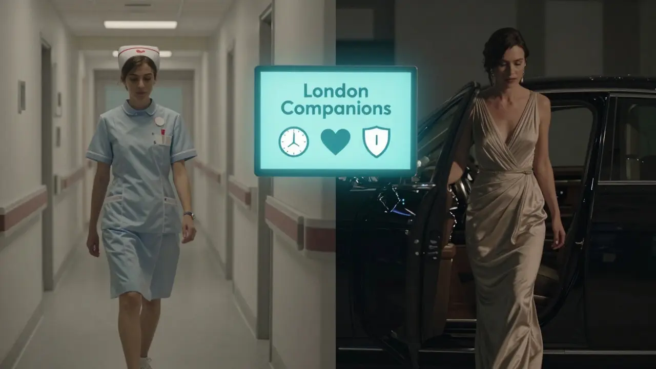 A woman balances two lives—nurse by day, companion by night—represented in a split-image symbolizing choice and autonomy.