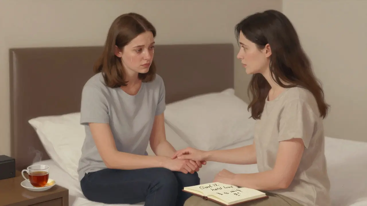 A woman gently holds a client's hand in a hotel room, offering quiet emotional support.