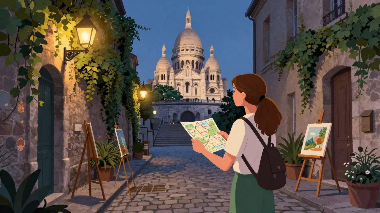 A woman guiding a tourist through a hidden courtyard in Montmartre at dusk with lantern light.