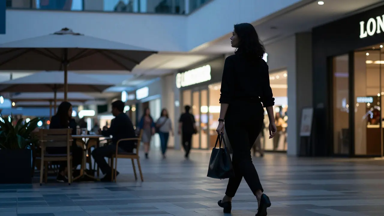 A woman walking discreetly through a busy mall in Abu Dhabi, dressed modestly.