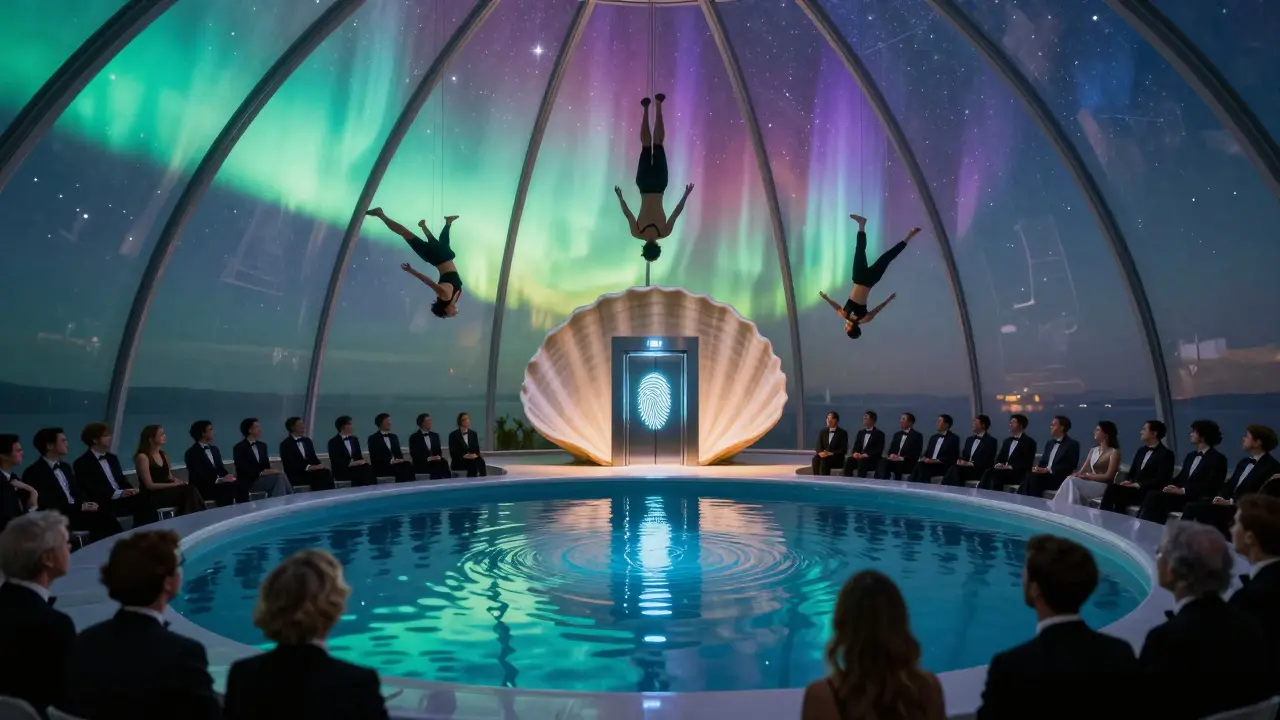 Acrobats diving into a glowing, color-shifting pool inside a seashell-shaped theater under a starlit dome.