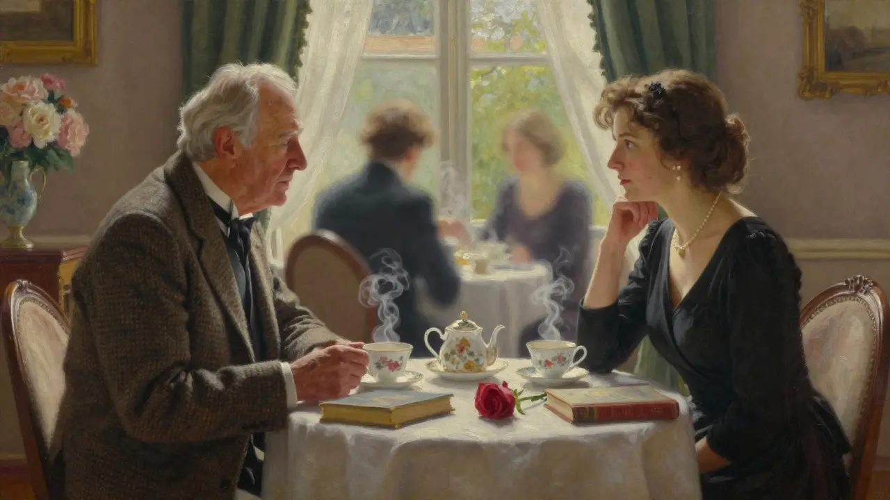 An elderly man and a woman share quiet tea at The Ritz, connected through conversation, not physical contact.