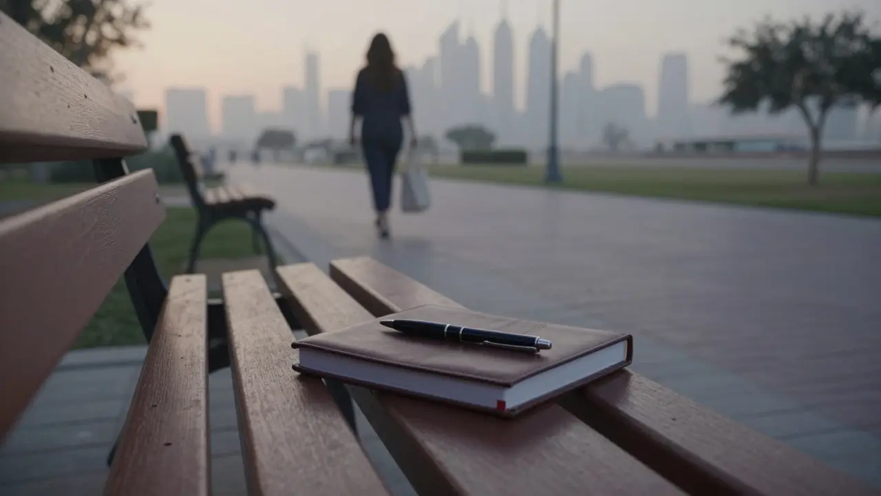 An empty park bench with an open journal at sunrise in Dubai, representing a dignified farewell.