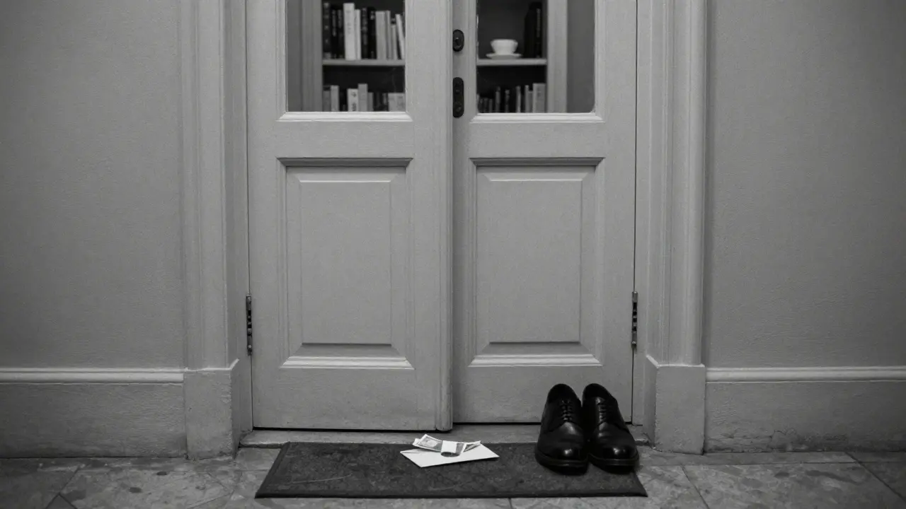 An envelope with cash on a doorstep outside a Paris apartment, shoes neatly placed inside — a quiet, respectful departure.