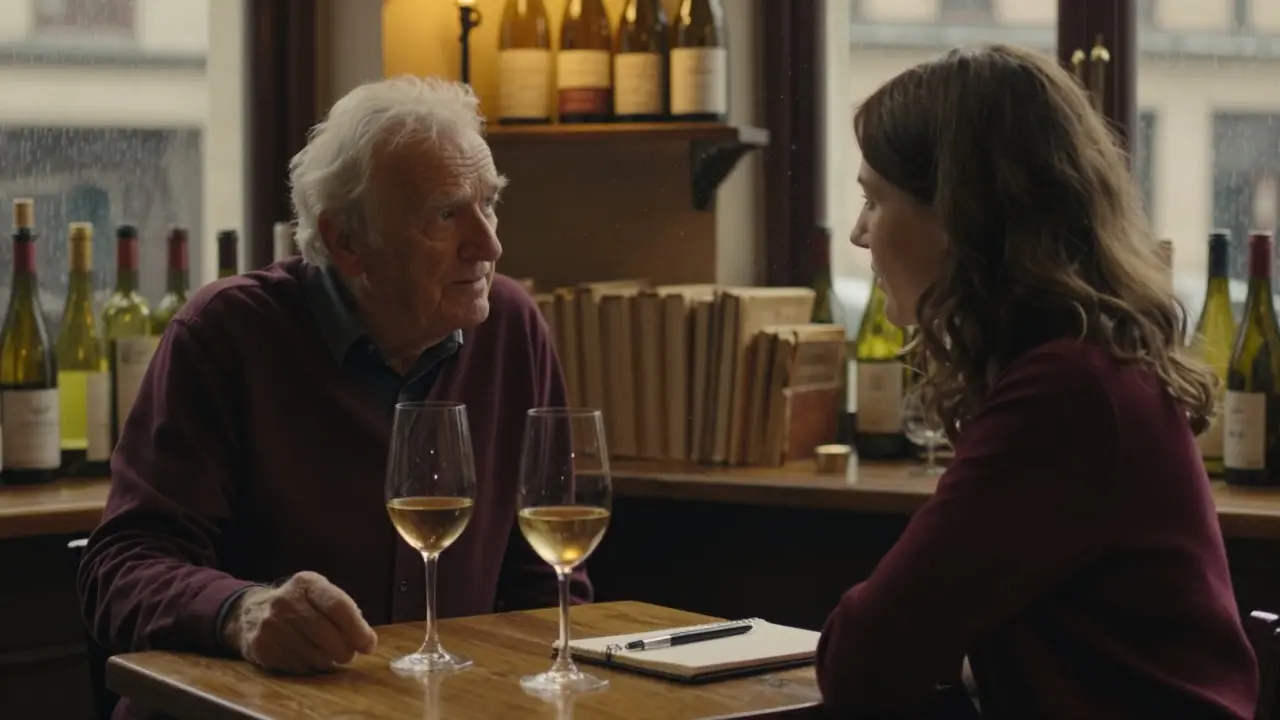 An older man and woman share wine at a cozy Paris bistro, notebook open, rain streaking the window behind them.