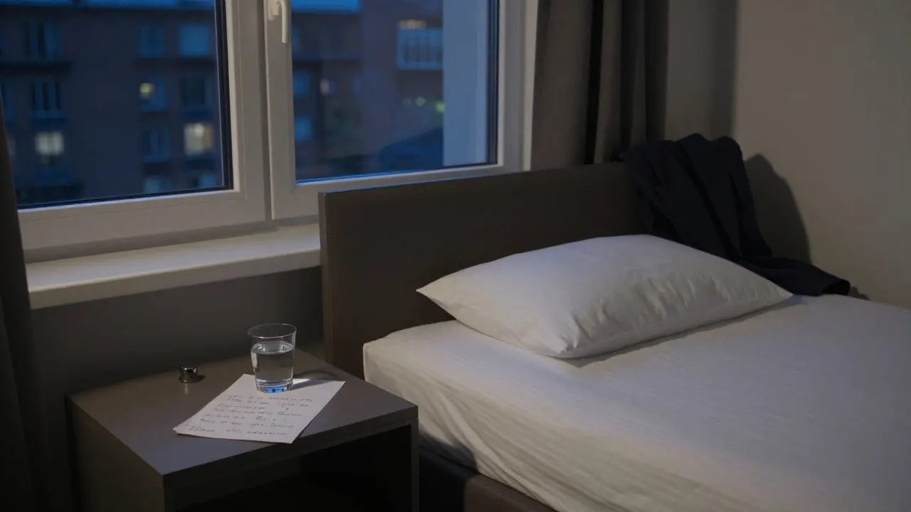 An orderly hotel room in Berlin with a thank-you note and untouched glass, suggesting a respectful departure.