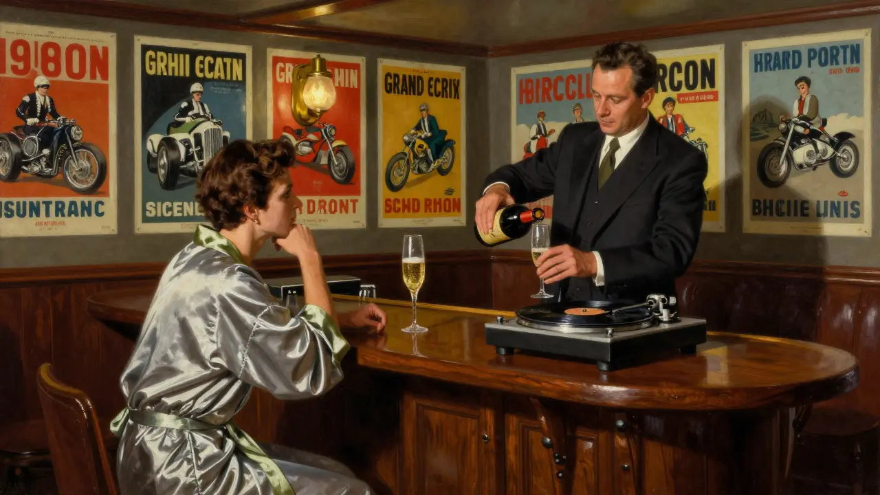 An underground lounge lined with vintage racing posters, lit by soft brass light and a spinning vinyl record.