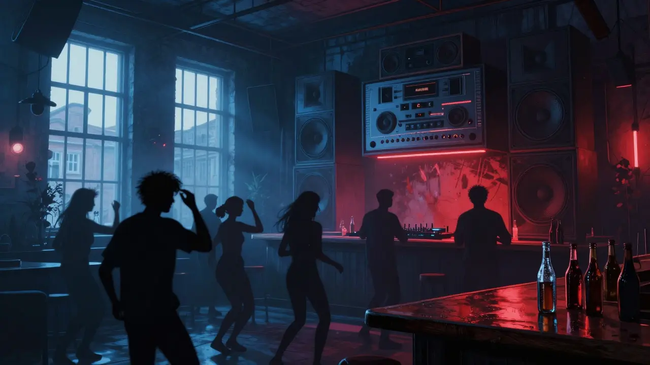 An underground techno club at dawn, silhouettes dancing under pulsing lights in a warehouse space.