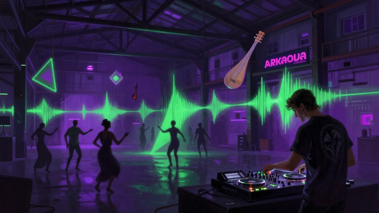 Arkaoda warehouse club with dancers under pulsing neon lights as Turkish folk and techno music blend in the air.