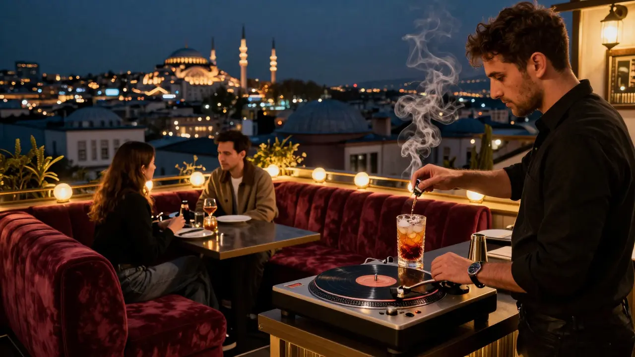 Bar 1914 rooftop with velvet couches, smoky cocktail, and glowing Istanbul skyline at night.