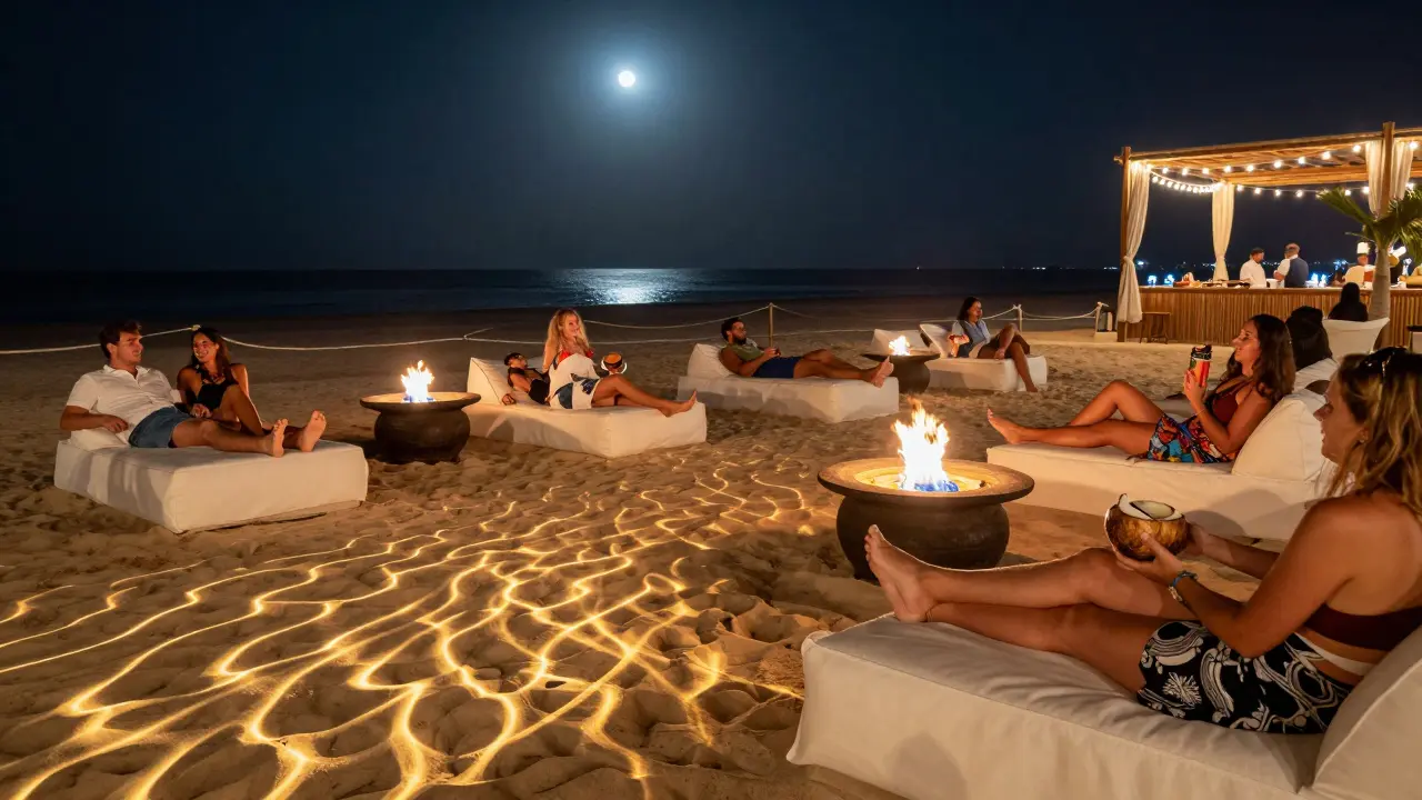 Beach club at night with fire pits, barefoot guests, and glowing Persian Gulf in the distance.
