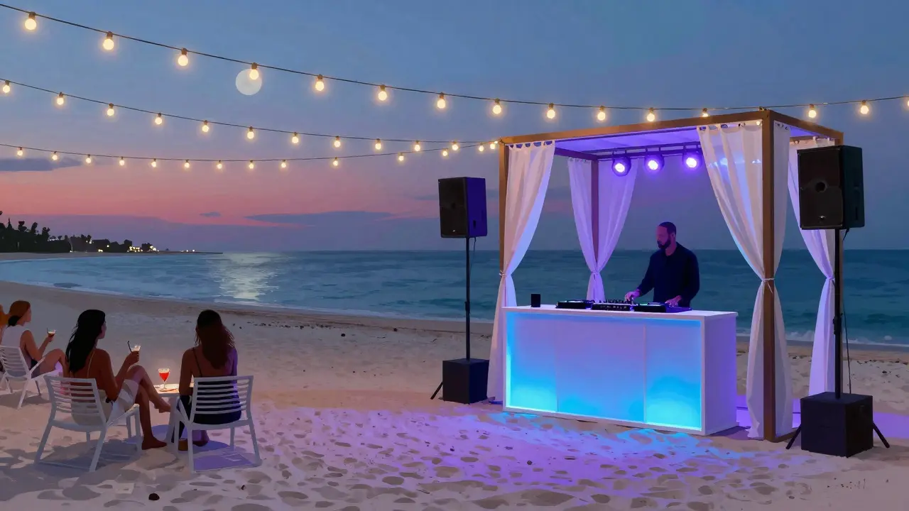 Beach club at sunset with sand, string lights, and VIP cabanas near the ocean, people relaxing in stylish attire.