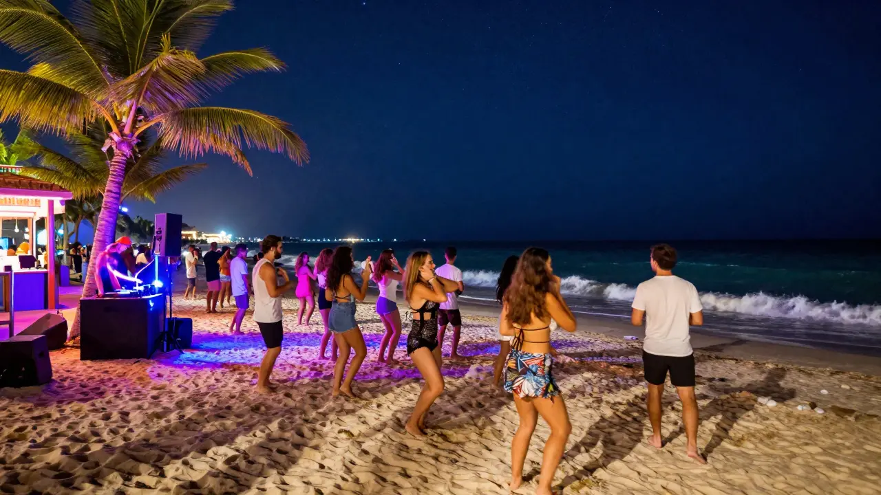 Beach club under stars with neon palms and crowd dancing near ocean waves.