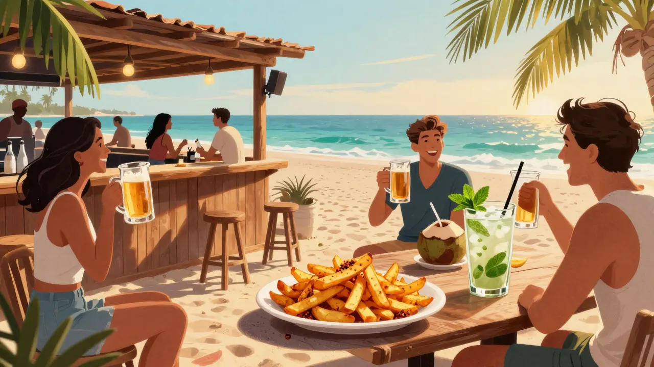 Beachside bar at JBR with patrons drinking coconut mojitos and spiced fries.