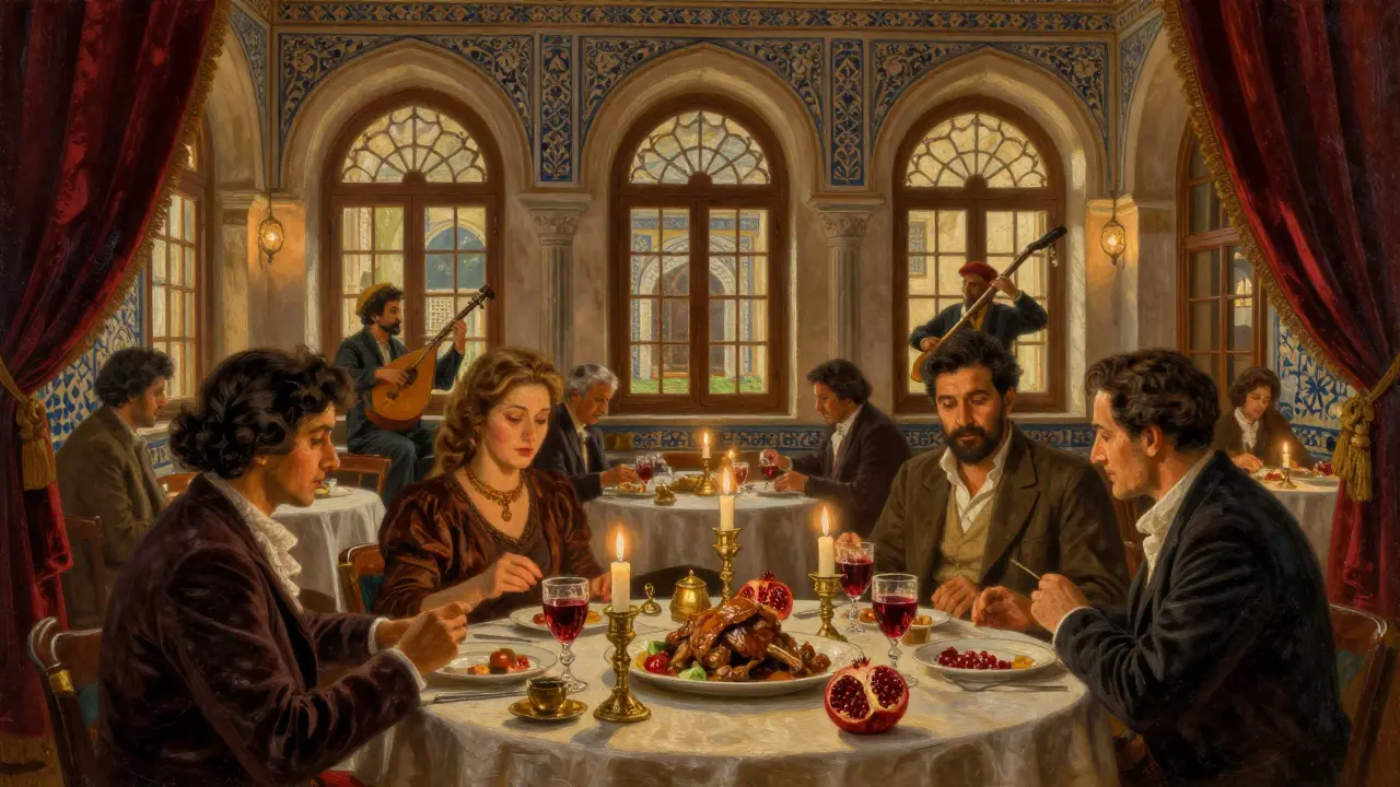 Candlelit Ottoman palace restaurant with musicians playing traditional instruments and guests enjoying food under arched windows.