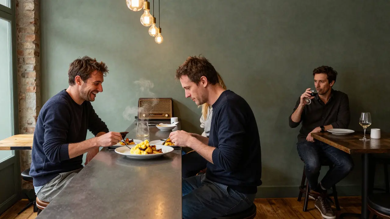 Chef plating truffled eggs at a no-reservation bistro counter with patrons nearby.