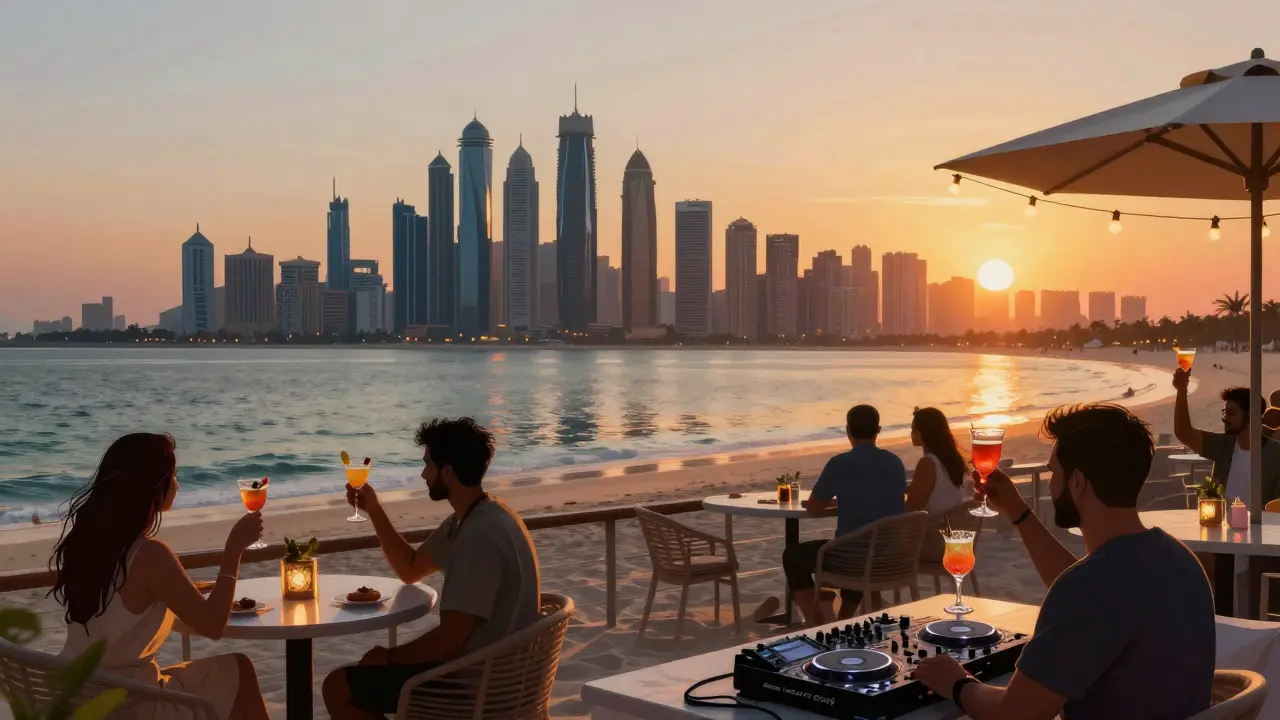 Cielo Beach at sunset with Dubai’s skyline glowing behind patrons enjoying cocktails as the DJ plays a fusion of Arabic and techno music.