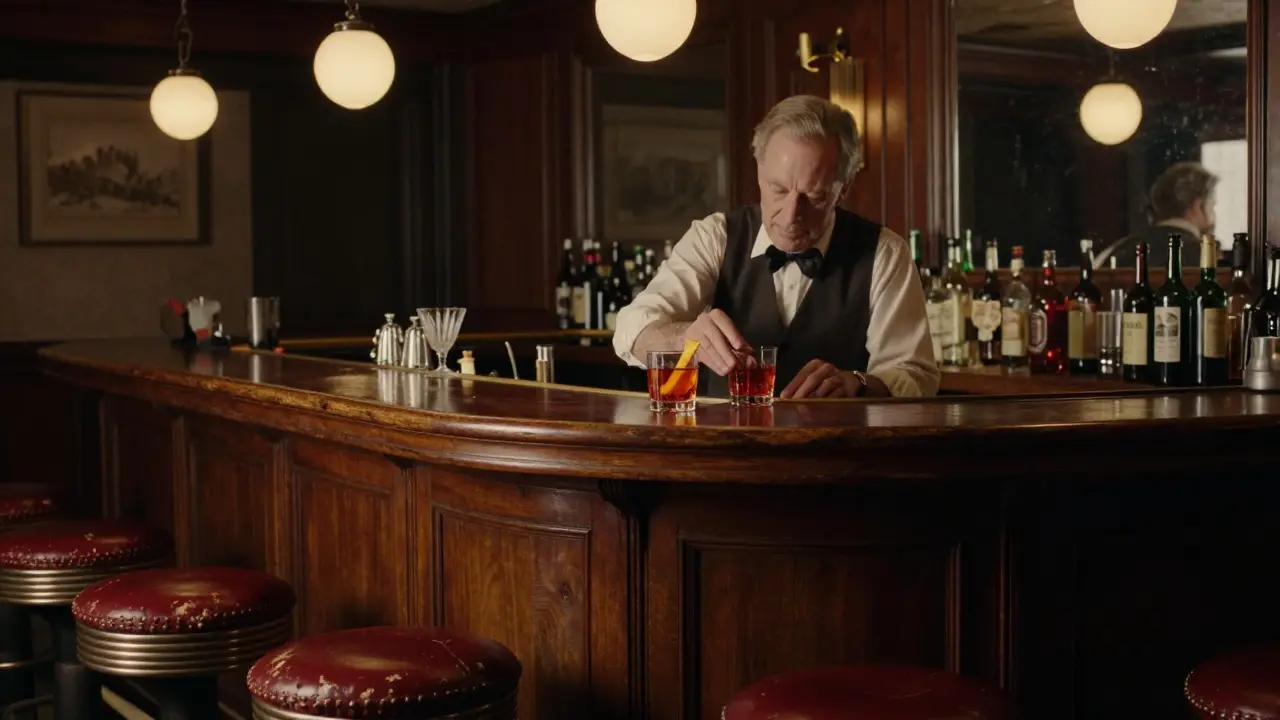 Classic Bar Basso interior with bartender, Negroni, and warm vintage lighting at midnight.