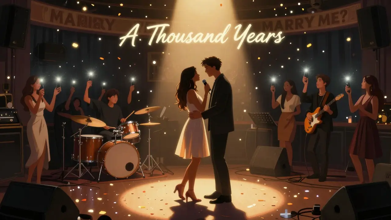 Couple singing a duet under a spotlight while a live band and guests hold up phone flashlights.