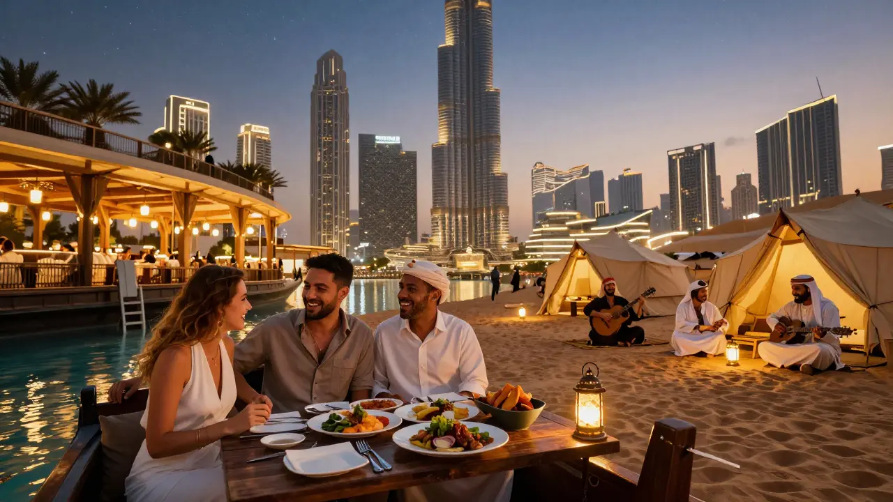 Couples enjoy a sunset dhow cruise and fine dining on a Dubai rooftop with the Burj Khalifa in the background.