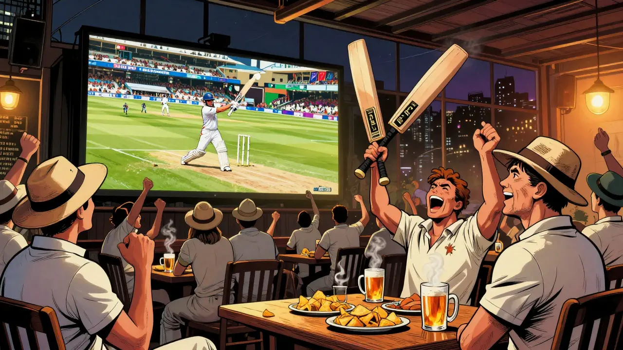Cricket fans cheering at The Oval Tavern during an Ashes match, big screen glowing with action, warm lighting.