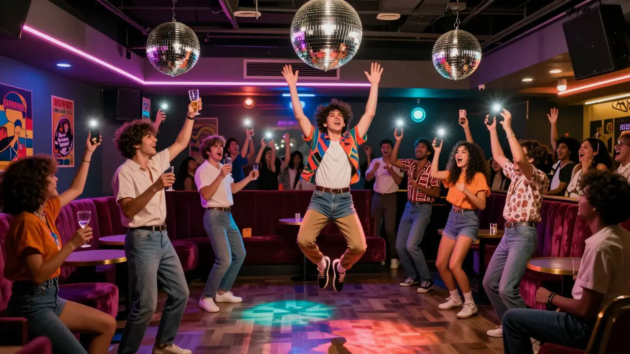 Crowd cheering as two teams perform a dance-off in a neon-lit 80s-style karaoke bar.