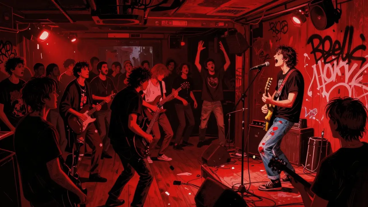 Crowd dances in a gritty underground Paris venue, punk band playing on a small stage, red lighting.