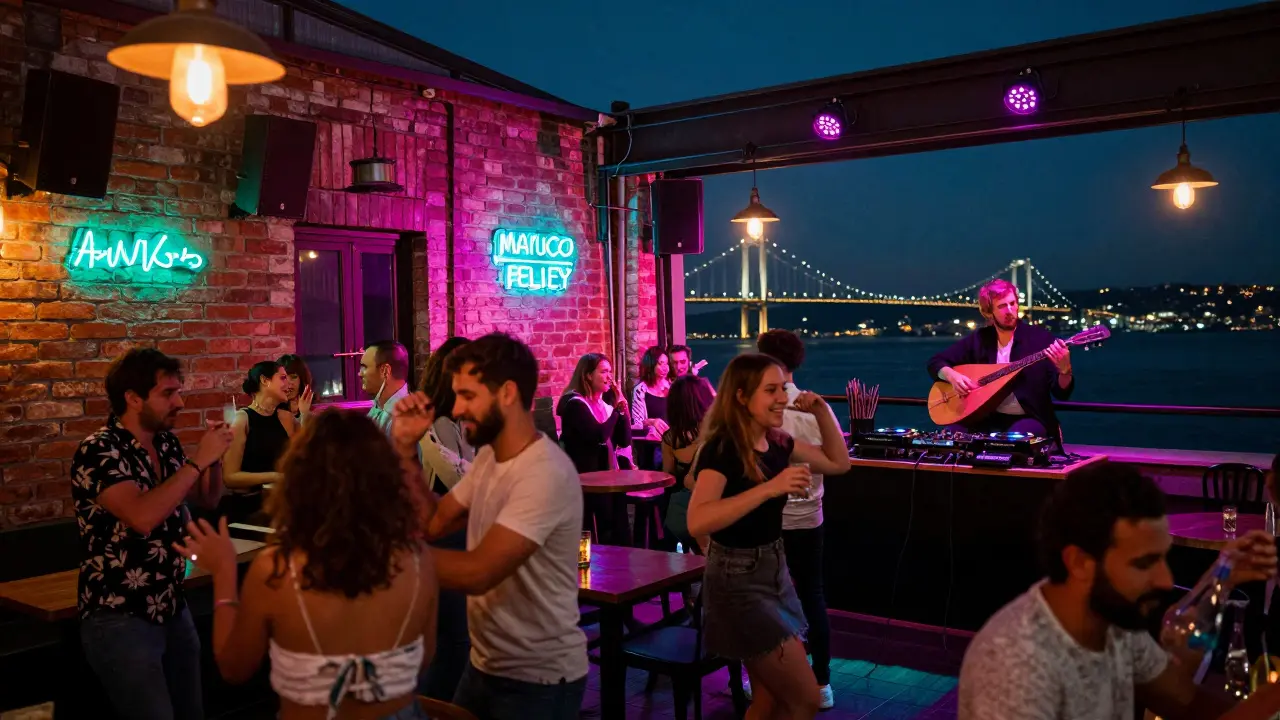 Crowd dancing at a neon-lit rooftop club with Bosphorus Bridge glowing behind.