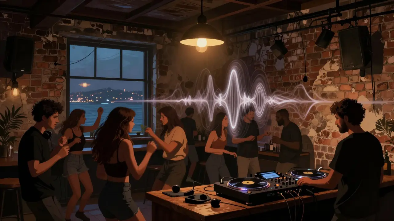 Crowd dancing in a dimly lit warehouse club with exposed brick walls and sound waves in the air.