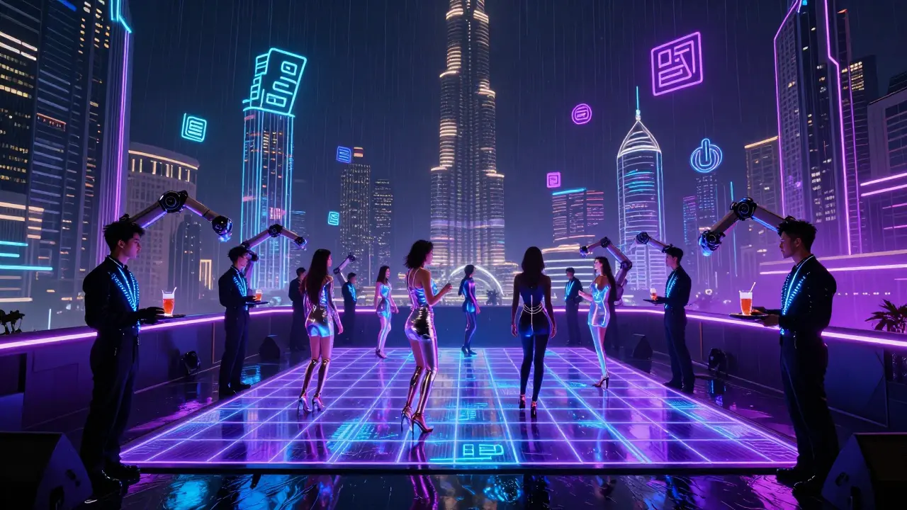 Cyberpunk robot party with holograms, LED clothing, and futuristic robots serving drinks in a neon-lit club.