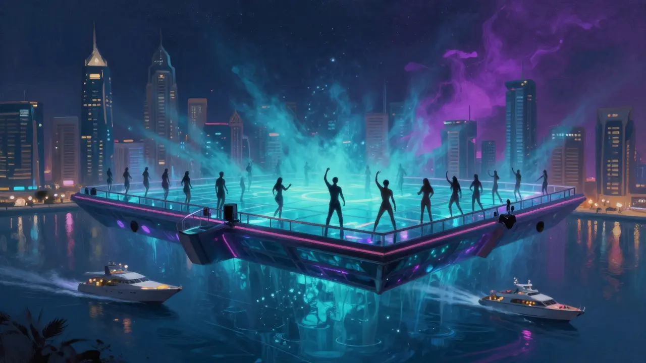 Dancers on a floating glass club over Dubai Marina with glowing underwater lights.
