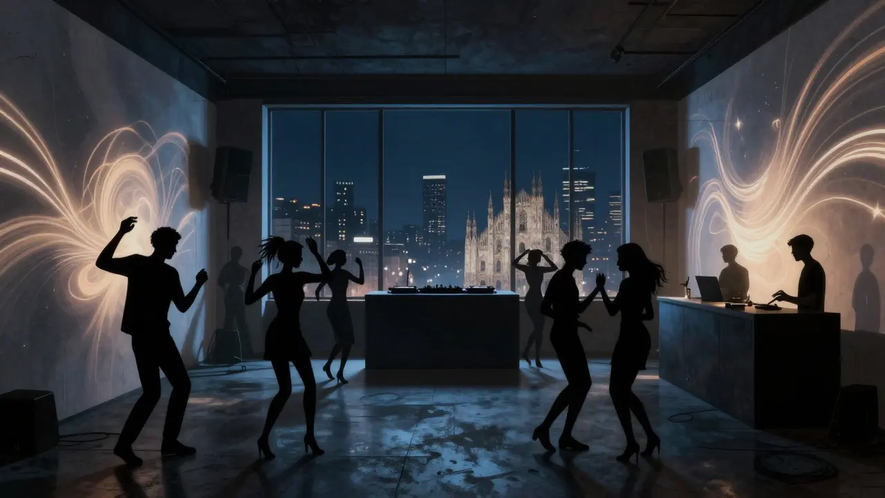 Dark underground club inside Armani/Silos with silhouetted dancers and abstract light projections.